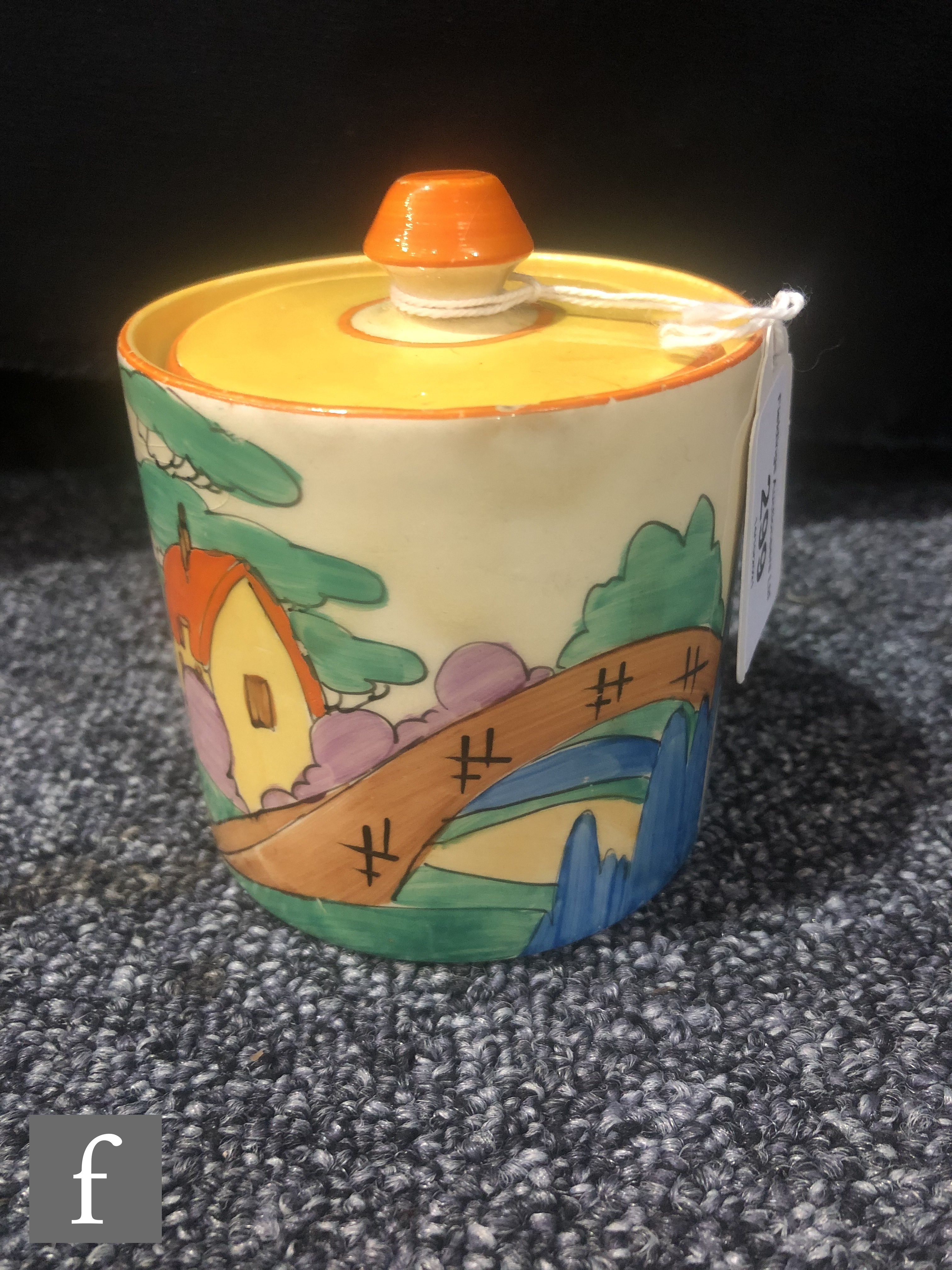 Clarice Cliff - Orange Roof Cottage - A drum shaped preserve pot and cover circa 1932, hand - Image 2 of 5