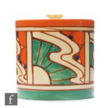 Clarice Cliff - Sunrise Orange - A drum shaped preserve pot circa 1930, hand painted with panels