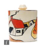 Clarice Cliff - House & Bridge - A small size drum shaped preserve pot and cover hand painted with a