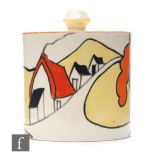 Clarice Cliff - House & Bridge - A drum shaped preserve pot and cover circa 1932, hand painted