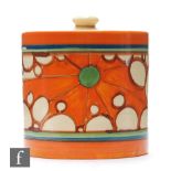 Clarice Cliff - Broth - A drum shaped preserve and cover circa 1929, hand painted with a sunburst