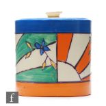 Clarice Cliff - Sunray Leaves - A drum shaped preserve pot and cover circa 1929, hand painted with