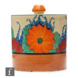 Clarice Cliff - Gay Day - A drum shaped preserve pot and cover circa 1930, hand painted with a