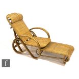 Unknown - A bentwood bamboo and woven cane work steamer chair with adjustable back and foot rest,