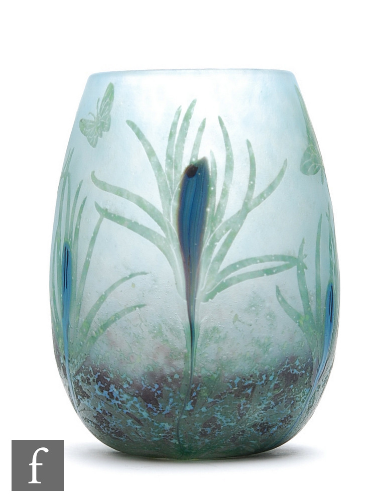 Daum - An early 20th Century cameo glass vase of swollen sleeve form, cased and cut with butterflies