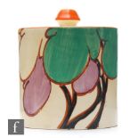 Clarice Cliff - Green Autumn - A drum shaped preserve pot and cover circa 1931, hand painted with
