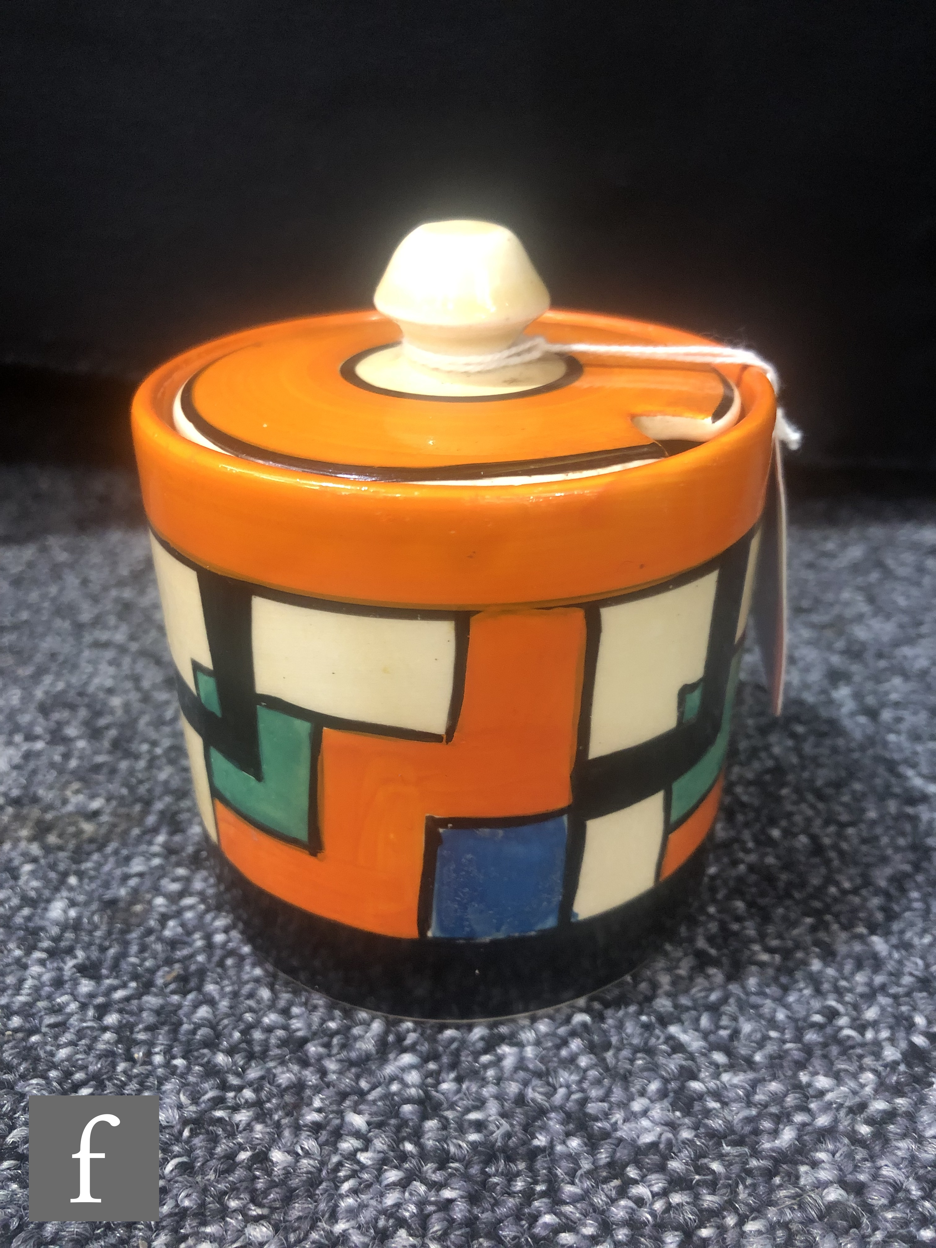 Clarice Cliff - Mondrian - A drum shaped preserve pot and cover circa 1929, hand painted with an - Image 2 of 5