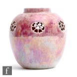 Ruskin Pottery - A pot pourri (lacking cover) decorated in an all over strawberry crush pink