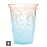 Monart - A glass vase of tumbler form with flared rim, decorated swirls in graduated blue to
