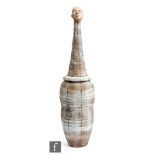 Chris Bramble - A contemporary studio pottery lidded jar, the cover with tall drawn neck mounted