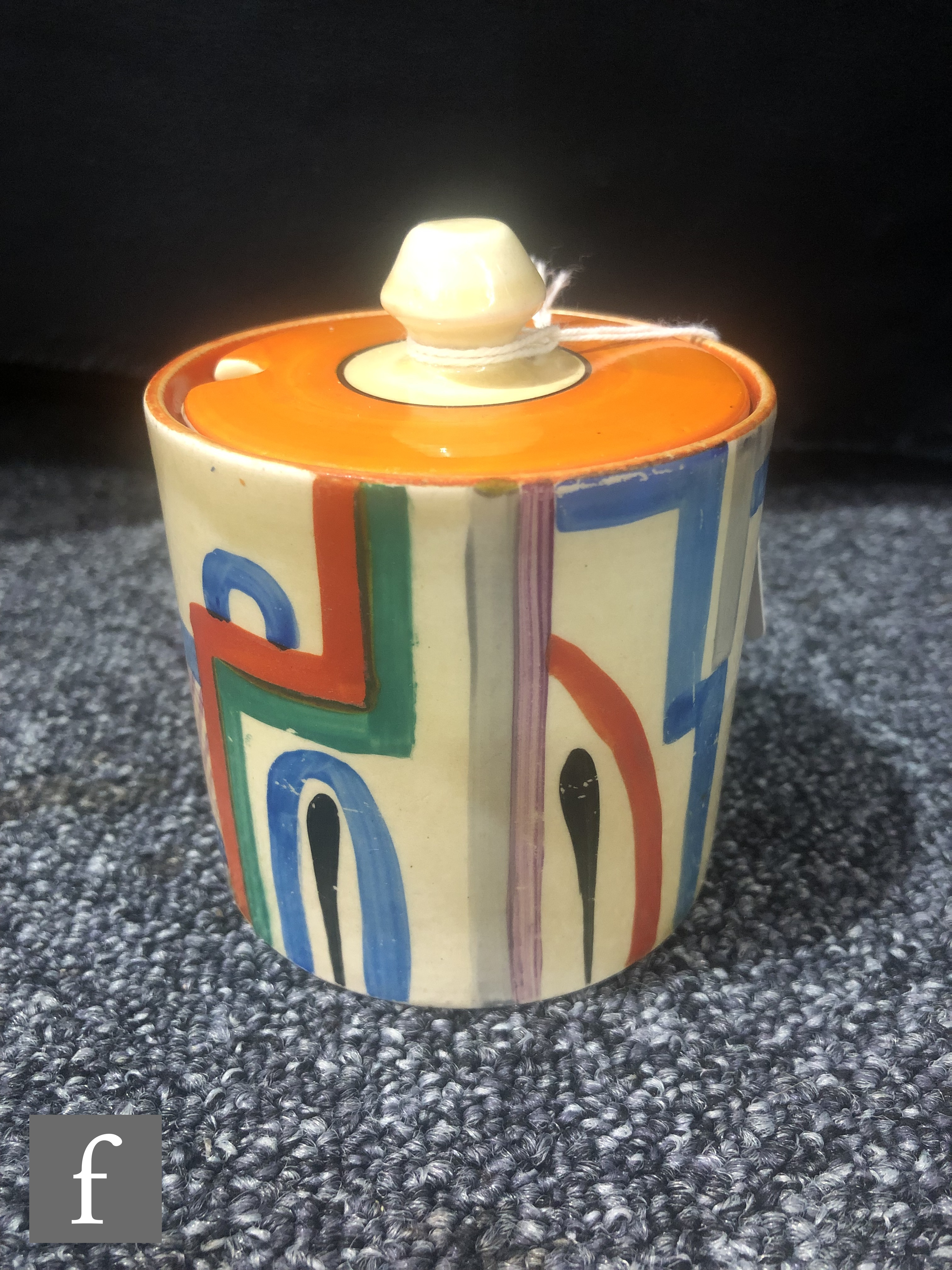 Clarice Cliff - Tennis - A drum shaped preserve pot and cover circa 1930, hand painted with a - Image 3 of 5