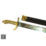 A 19th Century French artillery short sword, brass ribbed hilt and scroll quillion stamped 12.A.F.