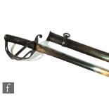 An 1861 pattern artillery officer's pattern sword, un-named with metal scabbard, pierced basket,