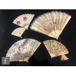 A collection of 19th Century and later fans, the first with sixteen guards, with silk panel