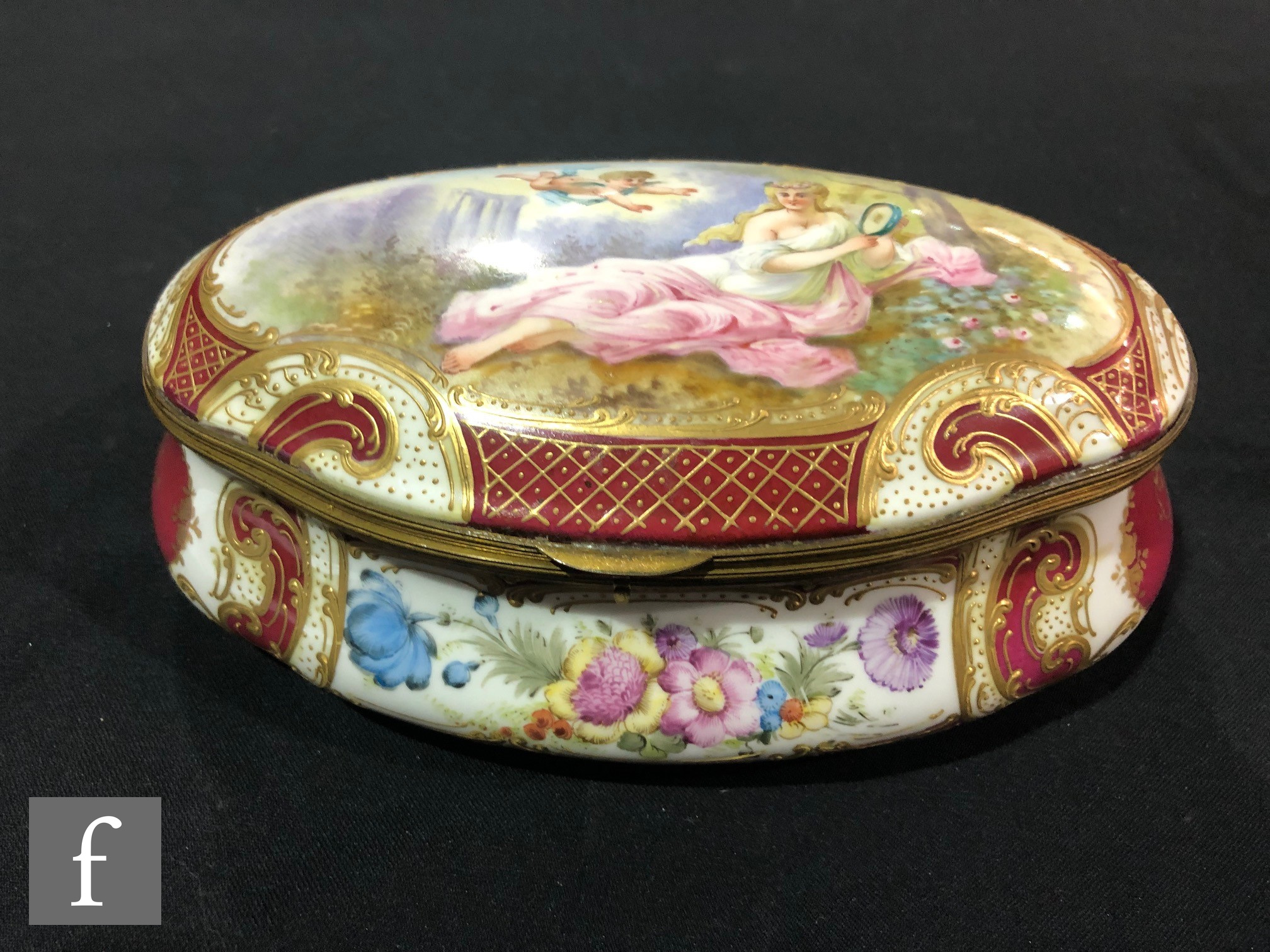 A continental oval table casket decorated to the cover with a lady in white and pink robes - Image 3 of 4