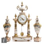 A 20th Century French gilt metal mounted veined marble clock garniture, eight day striking movement,