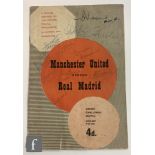 A Manchester United v Real Madrid football programme dated 1st October 1959, signed in blue and