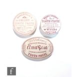 A Robertsons pink transfer printed pot lid, a Dr Delores Ama Rose oval tooth paste lid and a similar