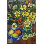 KAREN PAWLEY (B. 1965) - Daisies and a fruit bowl on a table top, pastel drawing, signed, dated 1994