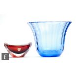 A 1930s Scandinavian glass bowl of footed and flared form with a fluted body in a deep sky blue,