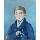 ENGLISH SCHOOL (EARLY 19TH CENTURY) - Portrait of a young man wearing a blue top coat and holding