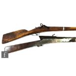An Eastern matchlock three banded rifle with steel plate lock, length 91cm, and a similar single
