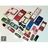 A collection of assorted tinplate and plastic cars and commercial vehicles, to include English,