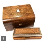 A Victorian figured walnut domed jewellery box fitted with plated toilet bottles in a tray interior,