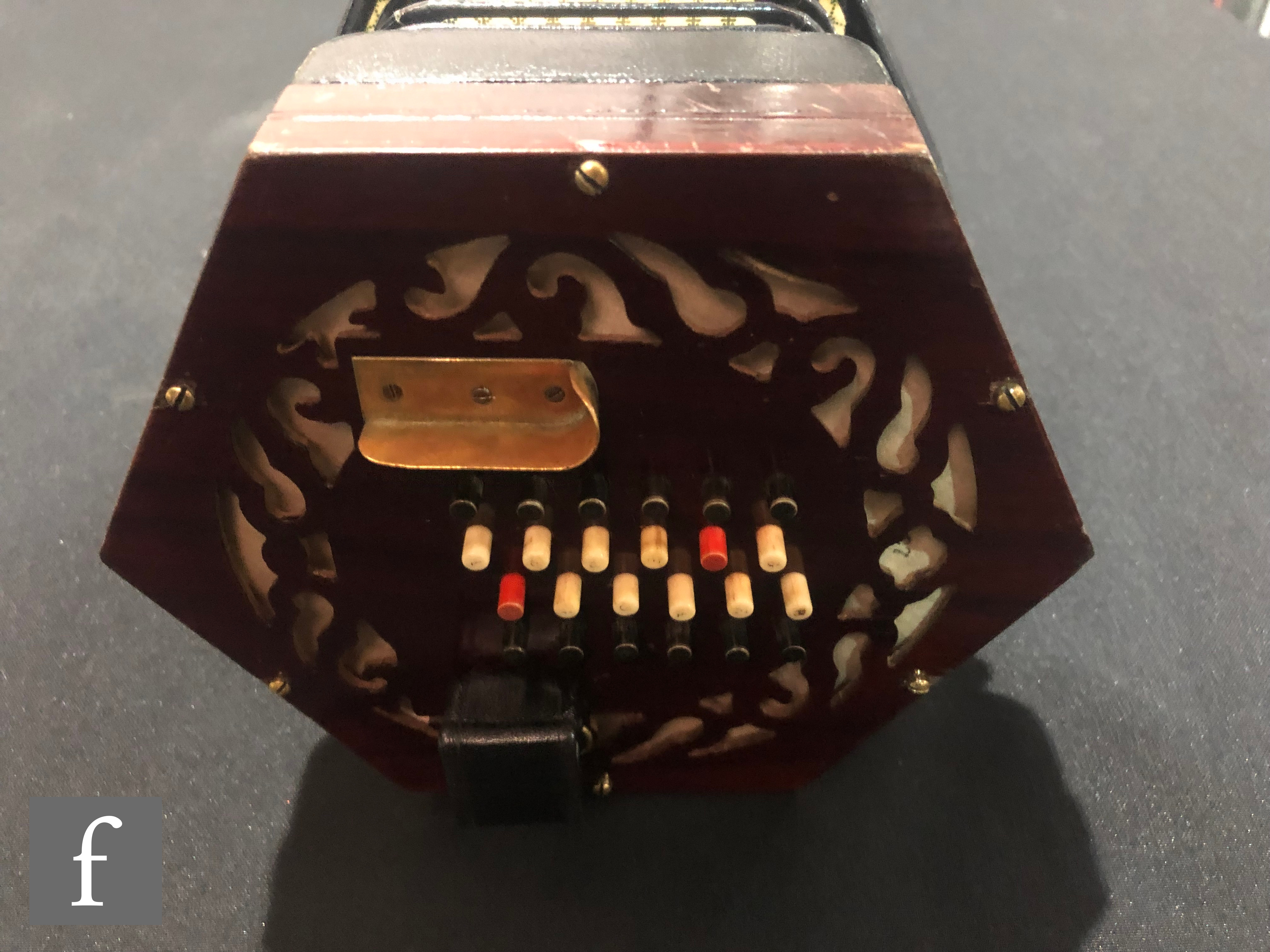 A concertina by Lachenal, serial no 43027, forty eight buttons, in octagonal mahogany case, height - Image 5 of 5