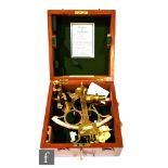 A 20th Century brass sextant by H Hughes & Son No 23639 in fitted mahogany case with key, width 26.