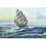 A D BELL (1884-1966) - 'Heavy Going' - a sailing ship at sea, gouache, signed and dated 1927,