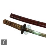 A 20th Century Japanese Wakizashi short sword, pierced iron Tsuba and lacquered scabbard, A/F,
