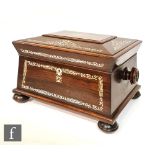 A Regency mother of pearl inlaid table sewing casket, the interior fitted with a tray containing