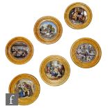 Six framed 19th Century Staffordshire pot lids comprising A Pair, Uncle Toby, Hide and Seek, The