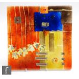A studio glass plate, of square form with multicoloured abstract shapes and wire inclusions,