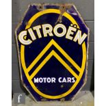 A double sided octagonal enamel advertising sign for 'Citroën Motor Cars', in blue, white and yellow