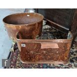 A small Edwardian copper fender, width 46cm, and a post 1950s Regency style oval copper log bin on
