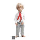 A Trendon Sasha Gregor Blond School Boy doll, wearing white shirt (no Sasha emblem), red tie,