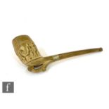 A large novelty clay pipe with plated collar, the bowl decorated with a scene of a football match,