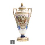 An early 20th Century Copelands China pedestal vase and cover celebrating the Coronation of King