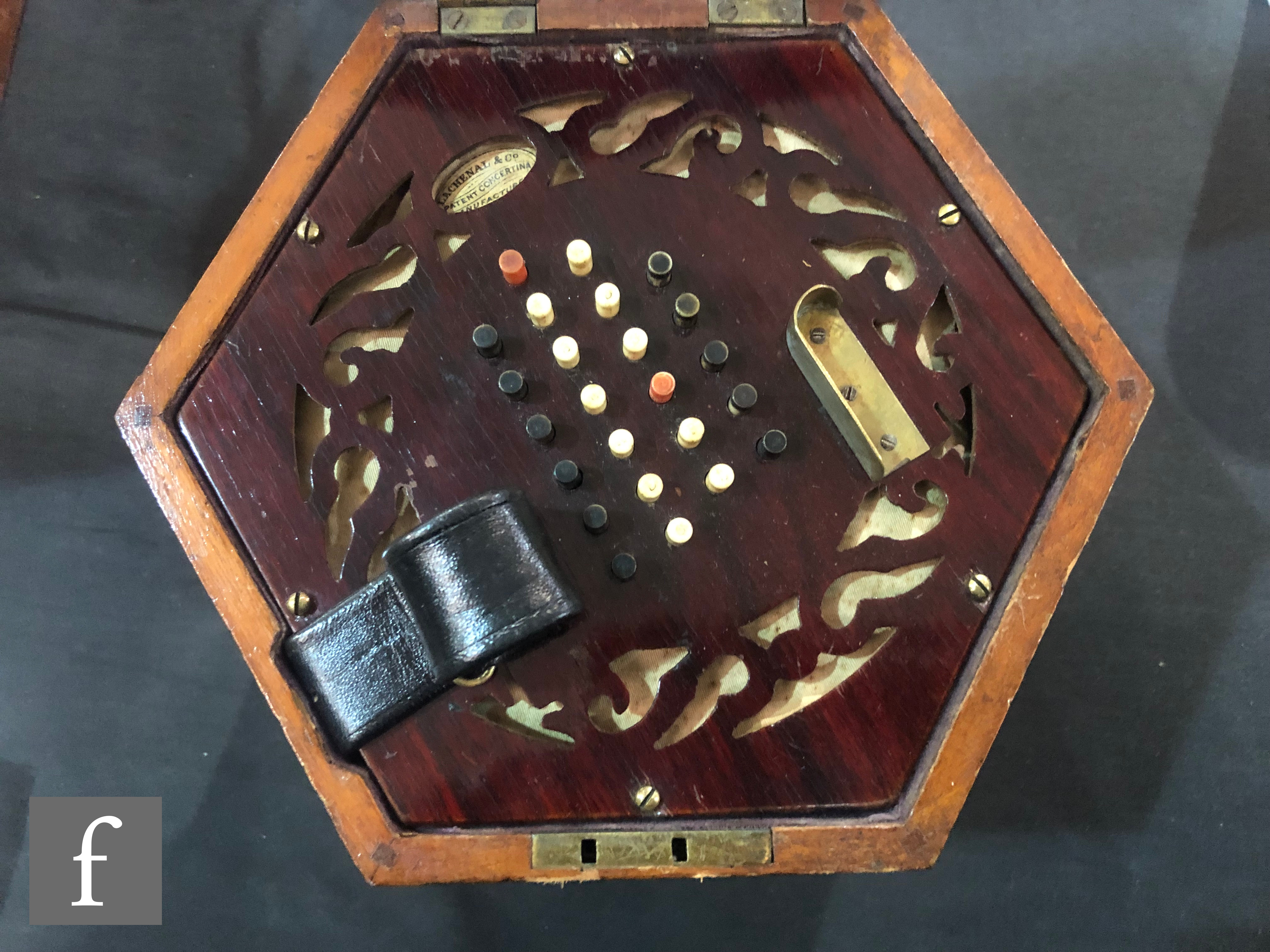 A concertina by Lachenal, serial no 43027, forty eight buttons, in octagonal mahogany case, height - Image 2 of 5