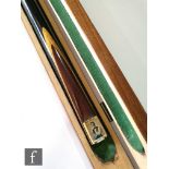 A snooker cue with inset panel to the end and printed image of Horace Lundrum Champion Cue, length
