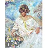 JOSE ROYO (SPANISH B. 1941) - 'Lucia' - a young lady holding a basket of flowers, oil on canvas,