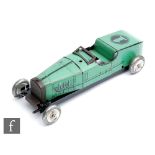 A Burnett Ubilda Racing Car, circa 1935, the tinplate car in green with lithographed detail and