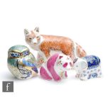 Four boxed Royal Crown Derby paperweights comprising Baby Pink Panda, Nightingale Owl, Mother Fox
