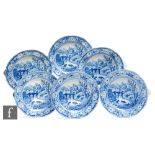 A set of six 19th Century blue and white transfer decorated plate or food warmers each decorated