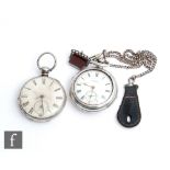 A hallmarked silver pair cased open faced key wind pocket watch, Roman numerals to a white enamelled