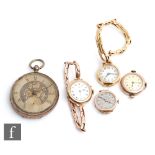 Four early 20th Century lady's 9ct wrist watches, two on 9ct spring loaded bracelets, with a 14ct