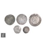 Elizabeth I - Shilling second issue, no rose mascul, threepence, 1570 castle mint mark, halfgroat