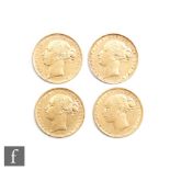 Victoria - Four bun head full sovereigns, one dated 1873, two dated 1880 and one dated 1884. (4)